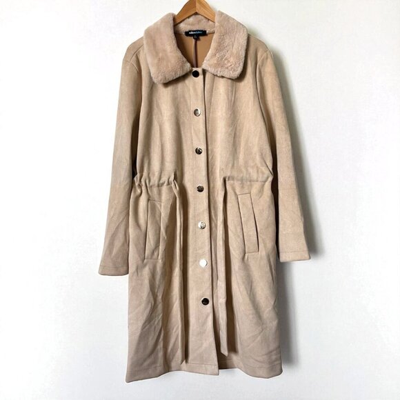 Alice Blue Faux Suede Beige Long Coat with Faux Fur Collar and Belt Womens XL - Picture 3 of 14
